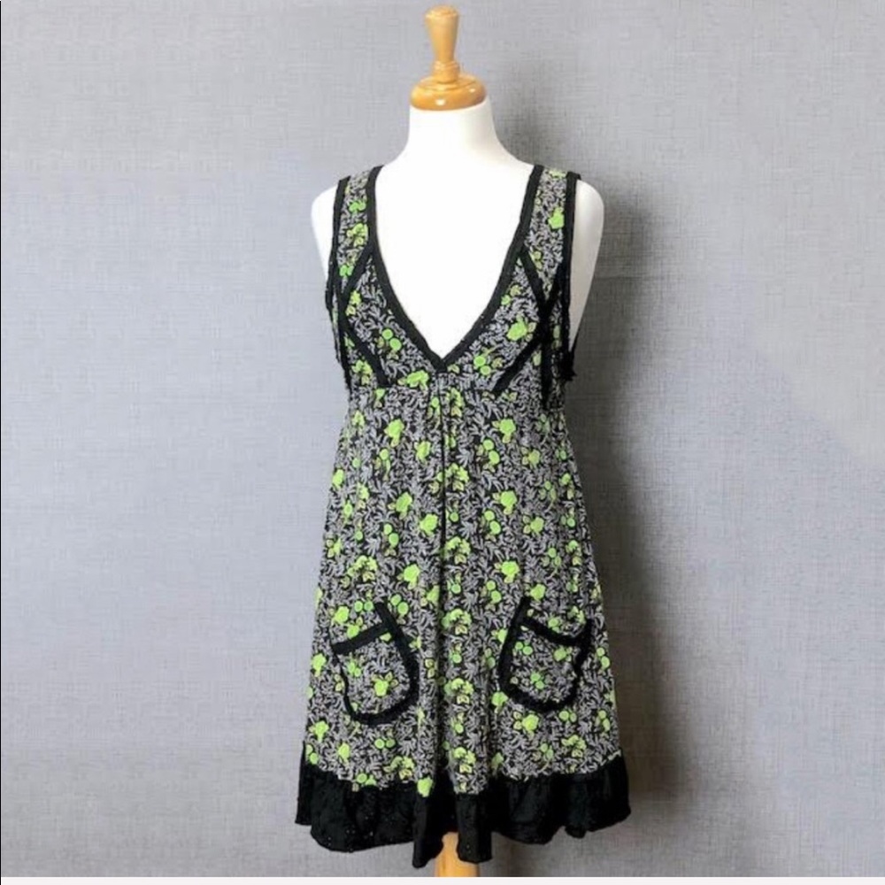 FREE PEOPLE Black Lace Green Floral Dress
